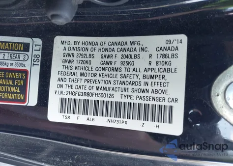 2015 Honda Civic Ex z USA, uszkodzony, nr VIN 2HGFG3B80FH500126